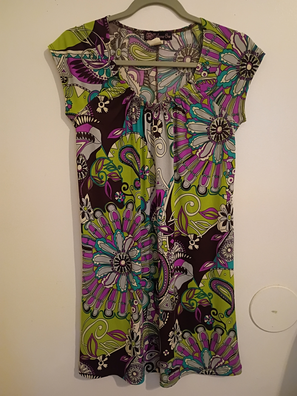 VTG Volume One‎ Colorful Floral Cap-Sleeve Mini Dress - Green & Purple Y2K Sz S